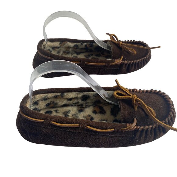 Minnetonka Brown Suede Leather Moccasin Slippers Women Size 8 Faux Fur Lining - Picture 2 of 9